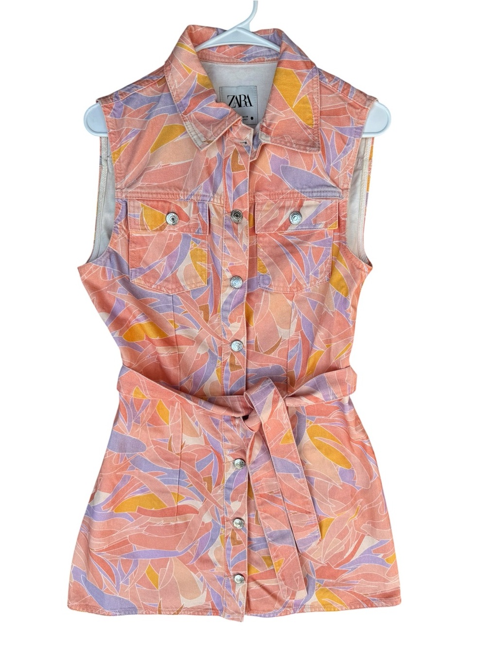 Zara Denim Coral, Lavender & Mustard Sleeveless Tie-Waist Mini Dress